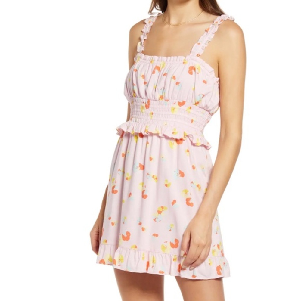 NWT B.P. Nordstrom XS Pink Multi Textile Floral Ruffle Detail Mini SunDress